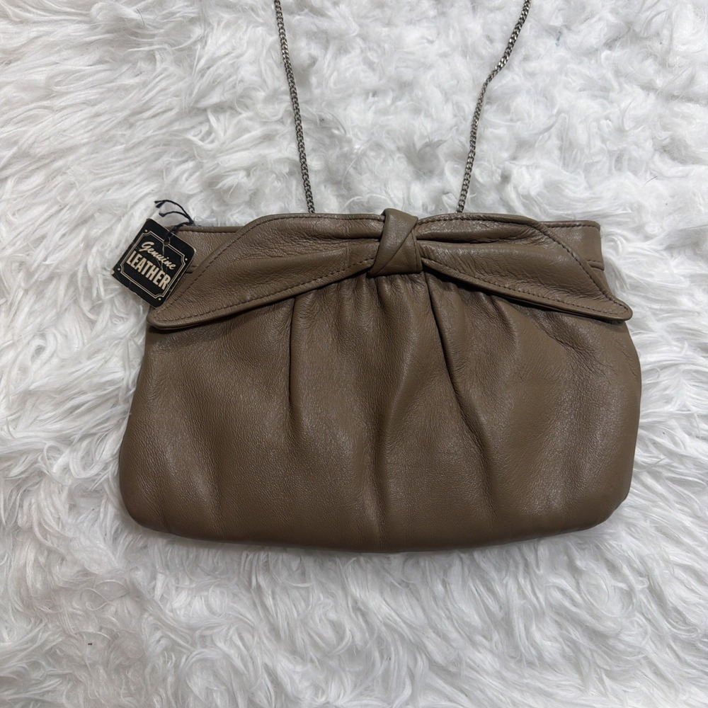 Rare!! Vintage 70's Disco Purse Taupe Brown Bow Detail Motif Shoulder Tuck Chain